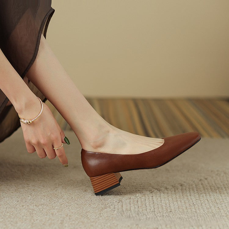 Close-up of smooth cowhide leather on a square-toe low pump
