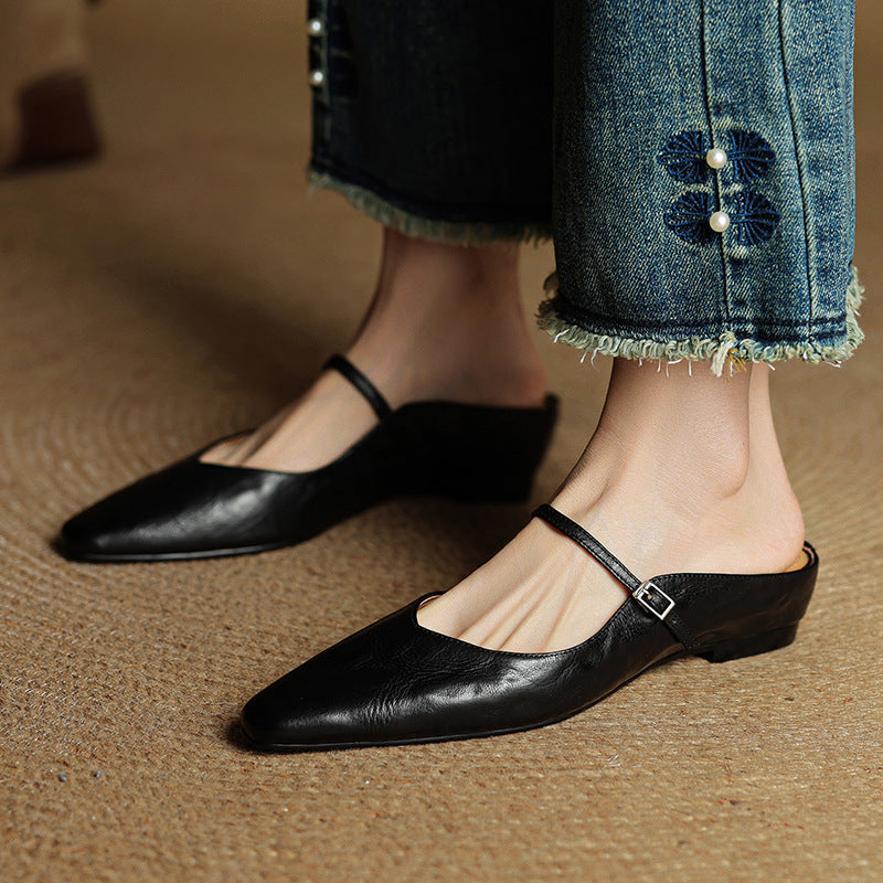 Wine Red lambskin flat mules, angled studio shot
