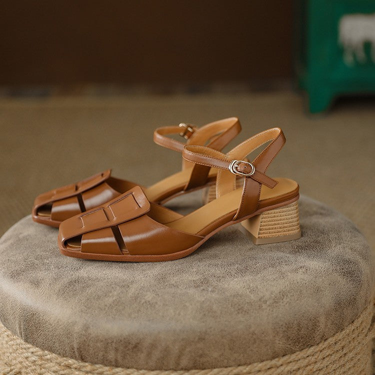 Cutout leather ankle-strap heels, top view of Caramel Tan pair