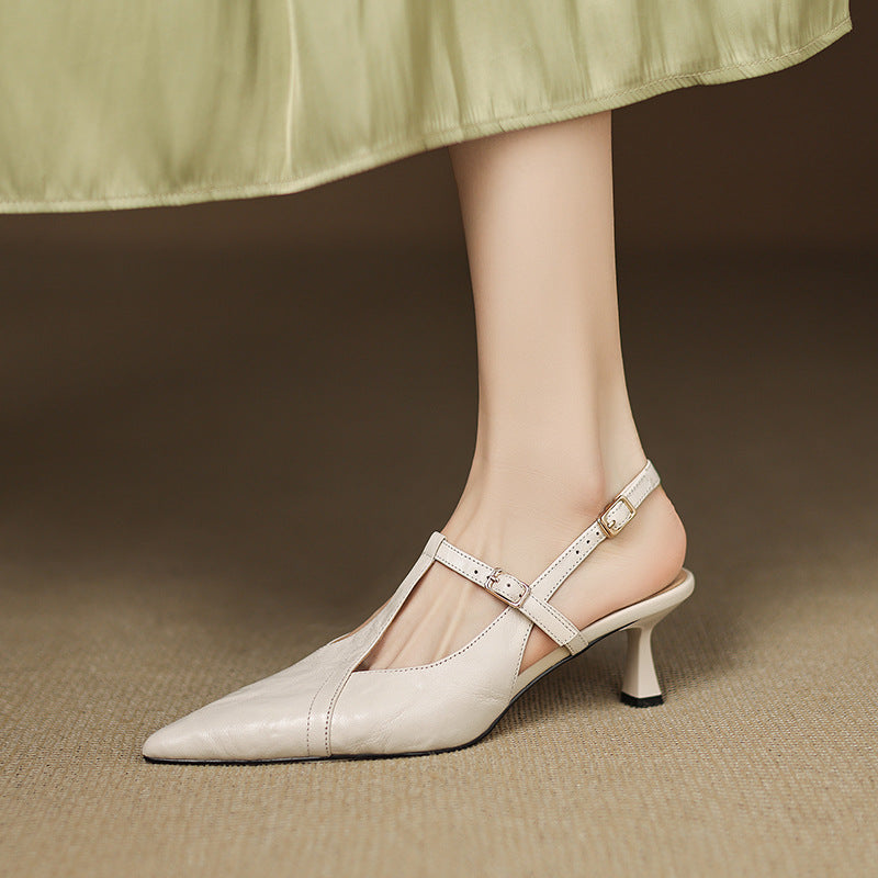 Estelle | Pointed Leather T-Bar Slingback Heels