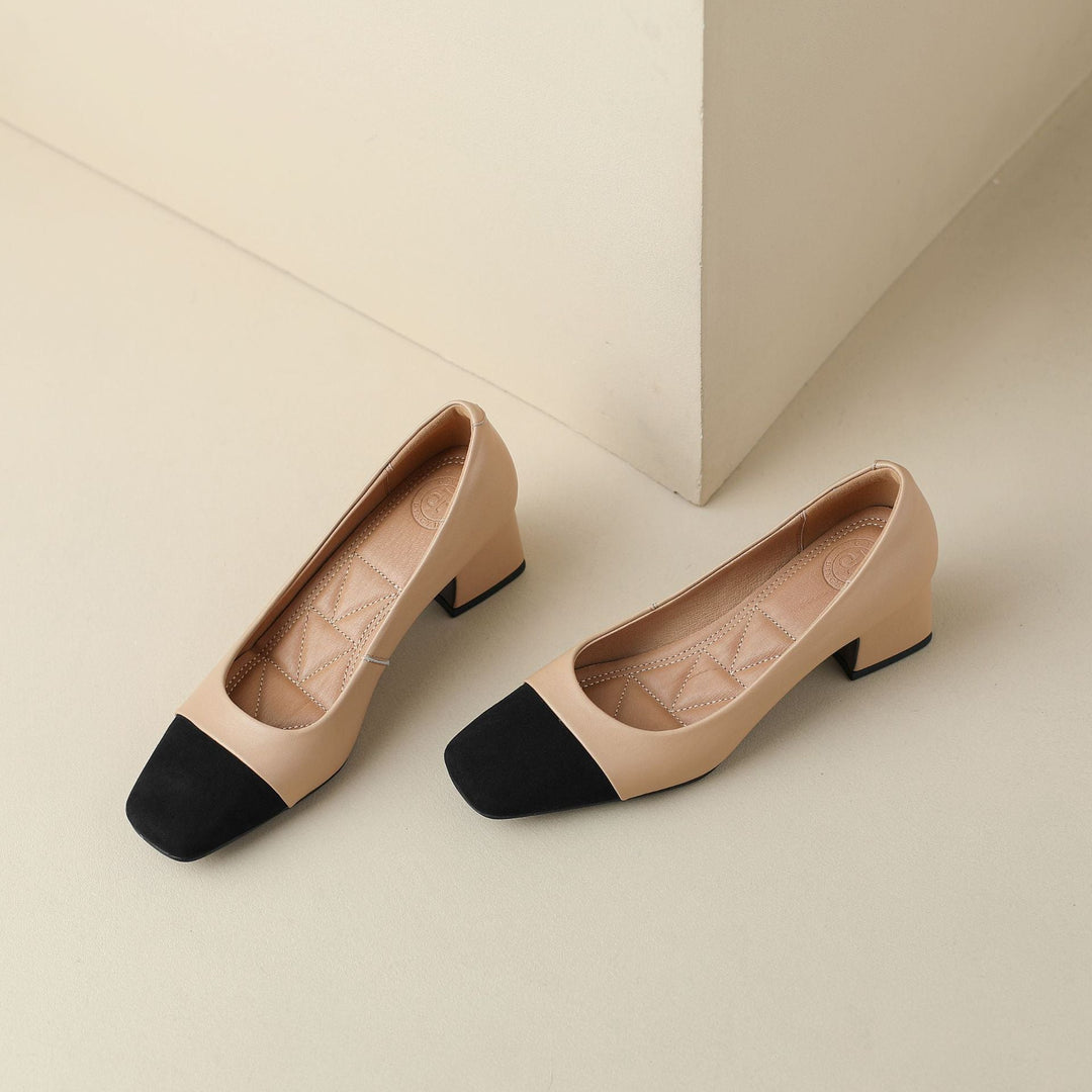 Square-toe leather block pumps, top view of Soft Almond pair