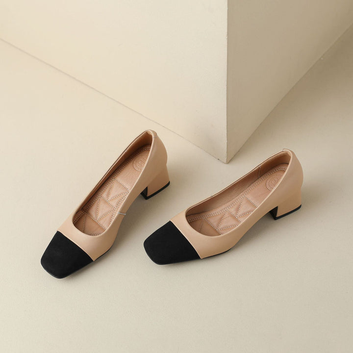 Square-toe leather block pumps, top view of Soft Almond pair