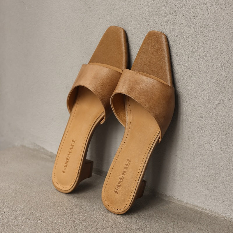 Square-toe leather wedge mules, top view of Cognac Tan pair