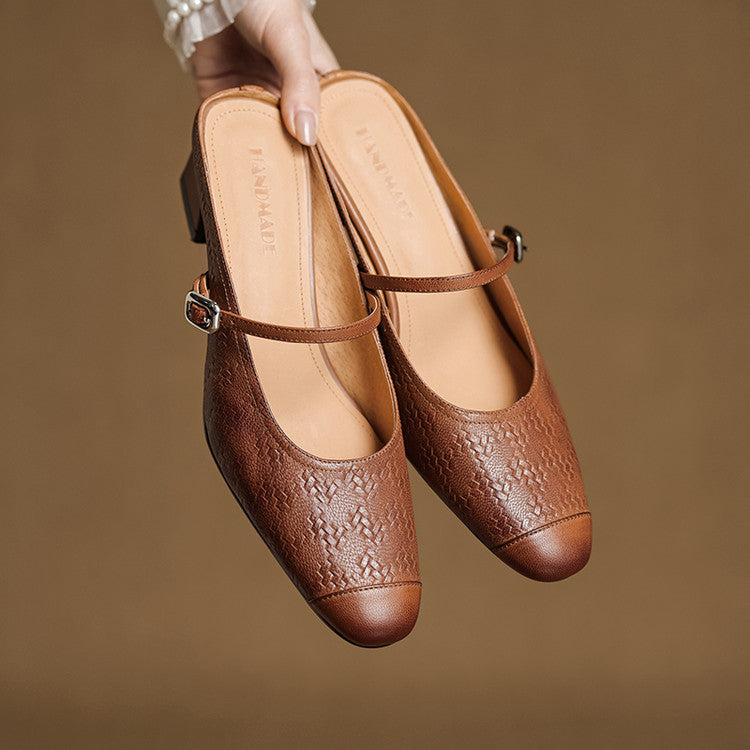 Strap leather heeled mules, top view of Chestnut Brown pair
