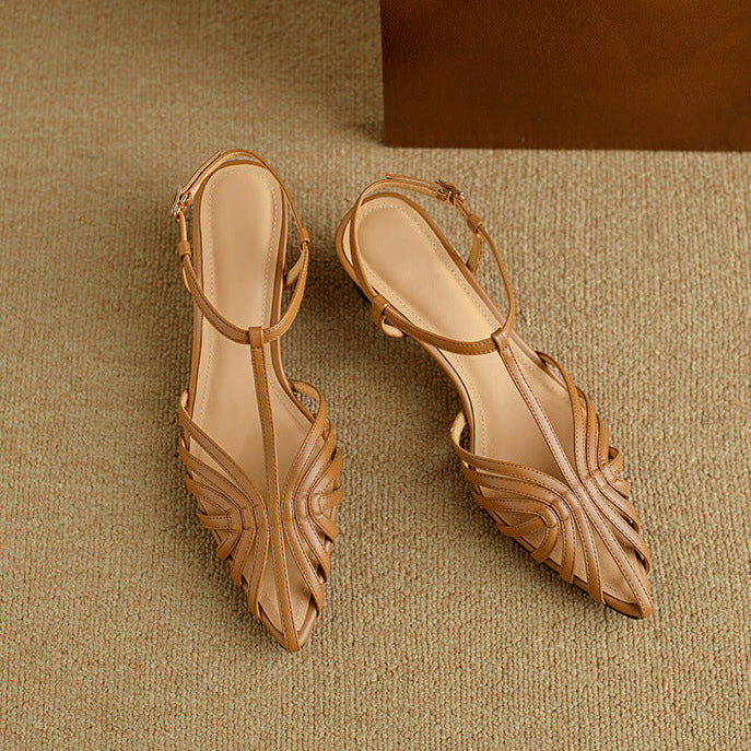 Soft Ivory woven T-strap heels, angled studio shot