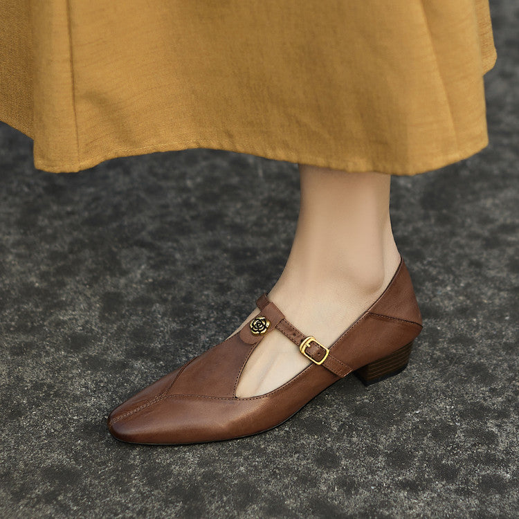 Chestnut Brown washed leather T-strap pump with floral buckle, three-quarter view