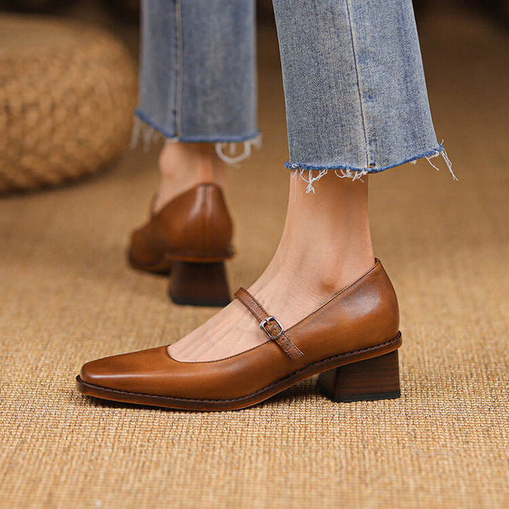 Close-up of cowhide leather and strap on a Mary-Jane heel