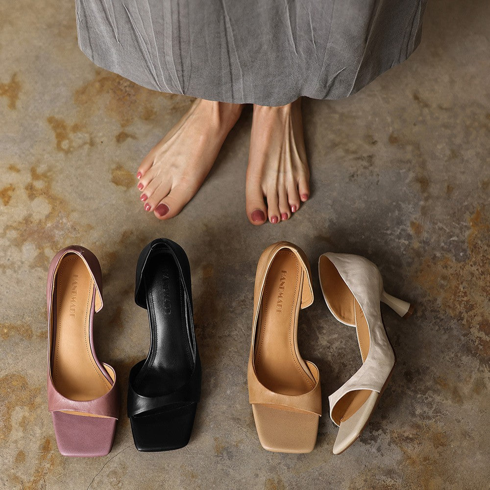 Women's leather d'Orsay heeled sandals shown as a pair
