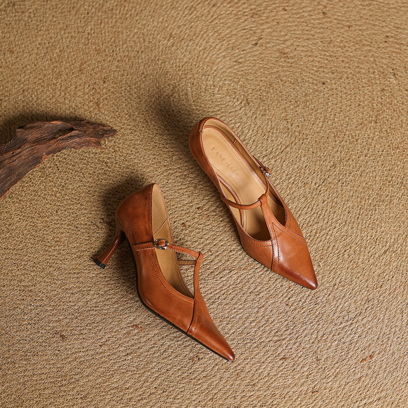 Pointed leather T-strap pumps, top view of Chestnut Brown pair