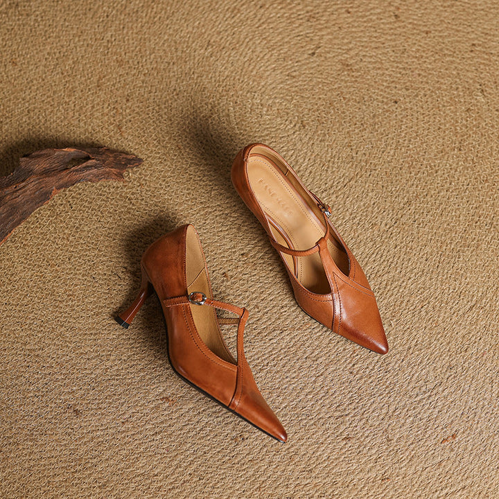 Pointed leather T-strap pumps, top view of Chestnut Brown pair