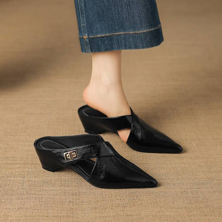 Women's elongated pointed leather mules, front view