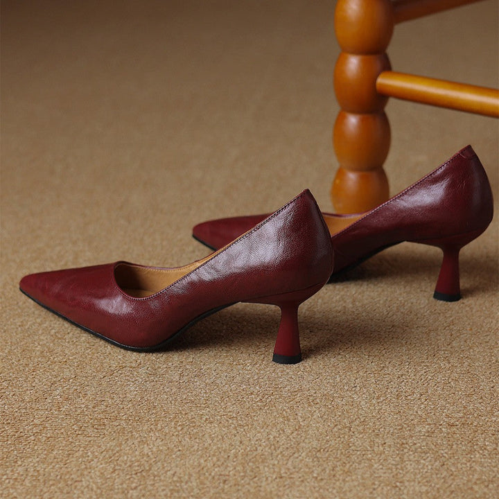 Pointed lambskin slim-heel pumps, top view of Wine Red pair