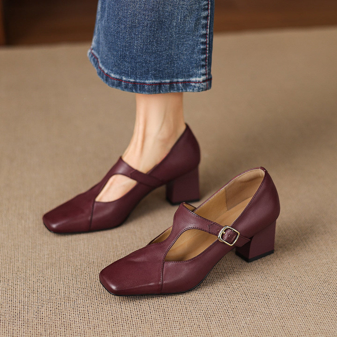 Bordeaux Wine leather T-bar heel with square toe, three-quarter view