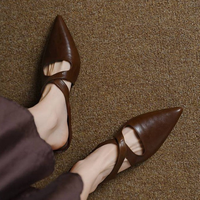 Women's cross-strap leather mules, front view