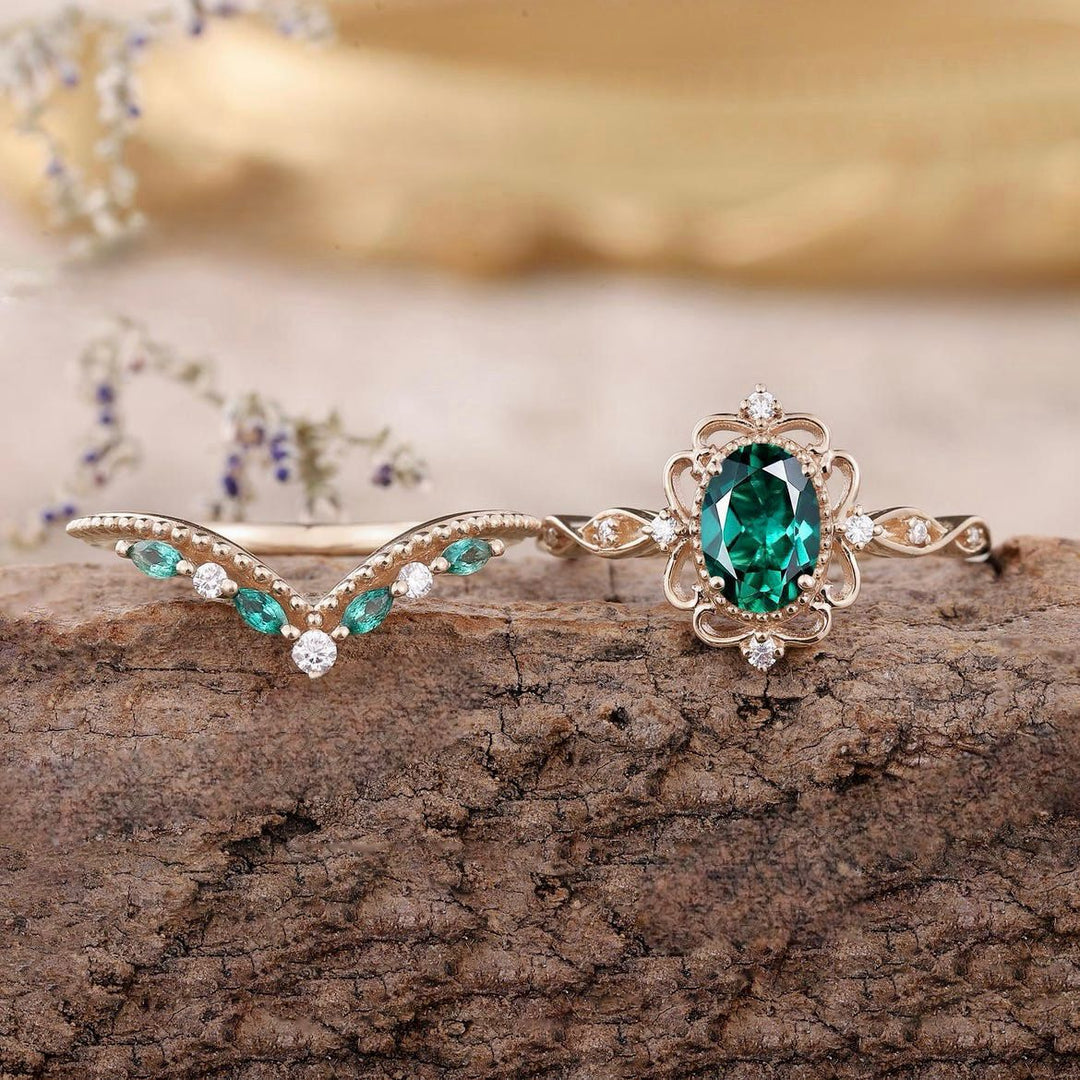 Aurelle™ Rose Gold Emerald Crown Ring Set
