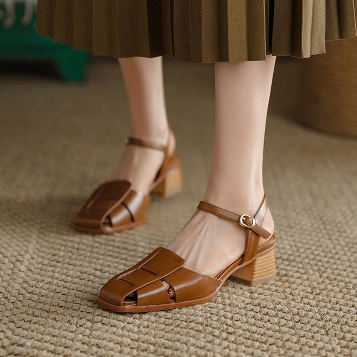 Caramel Tan leather heel with cutout detailing and ankle strap, three-quarter view