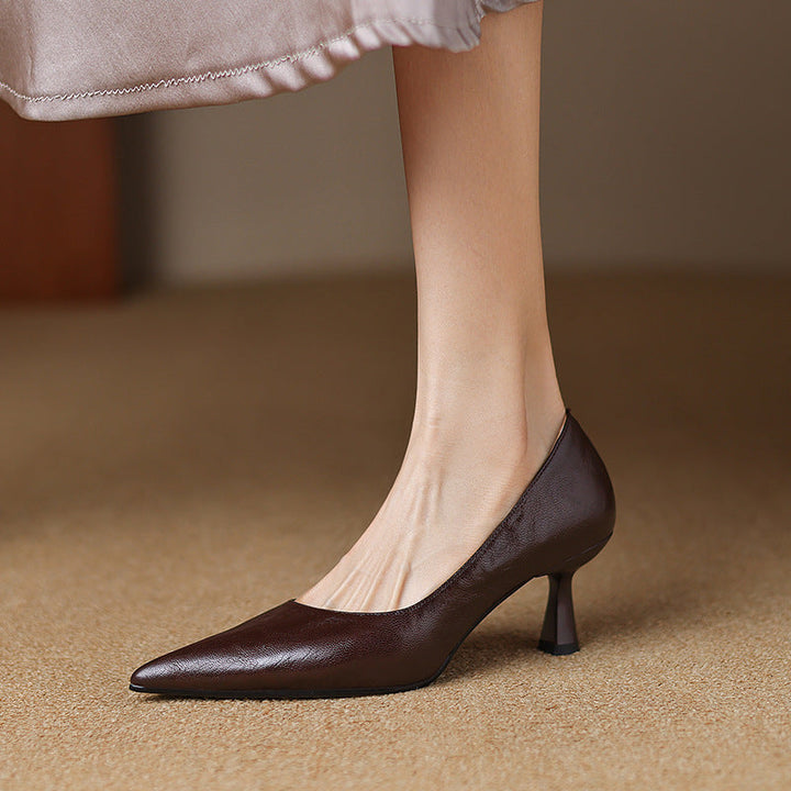 Espresso Brown lambskin pump with pointed toe, three-quarter view