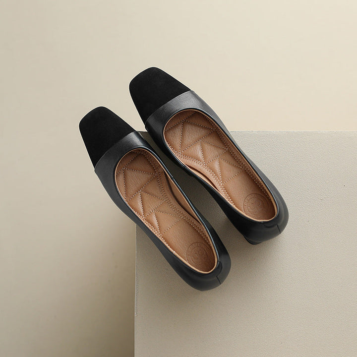 Soft Almond Roberta block pumps styled for the office