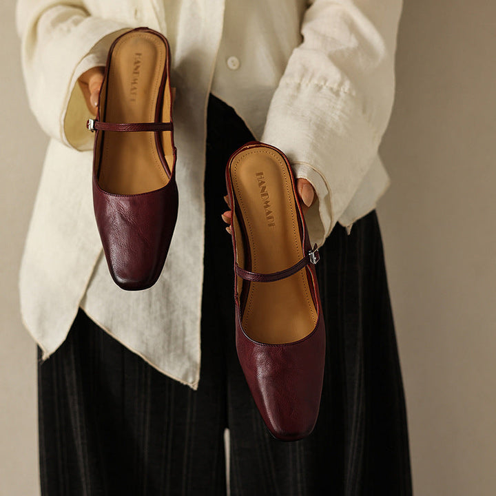 Camille square-toe leather heeled mules, full pair view