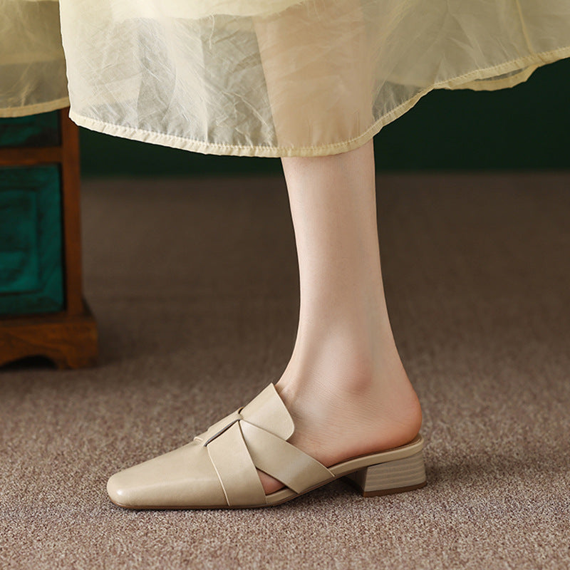 Women's square-toe cross-strap leather mules, front view