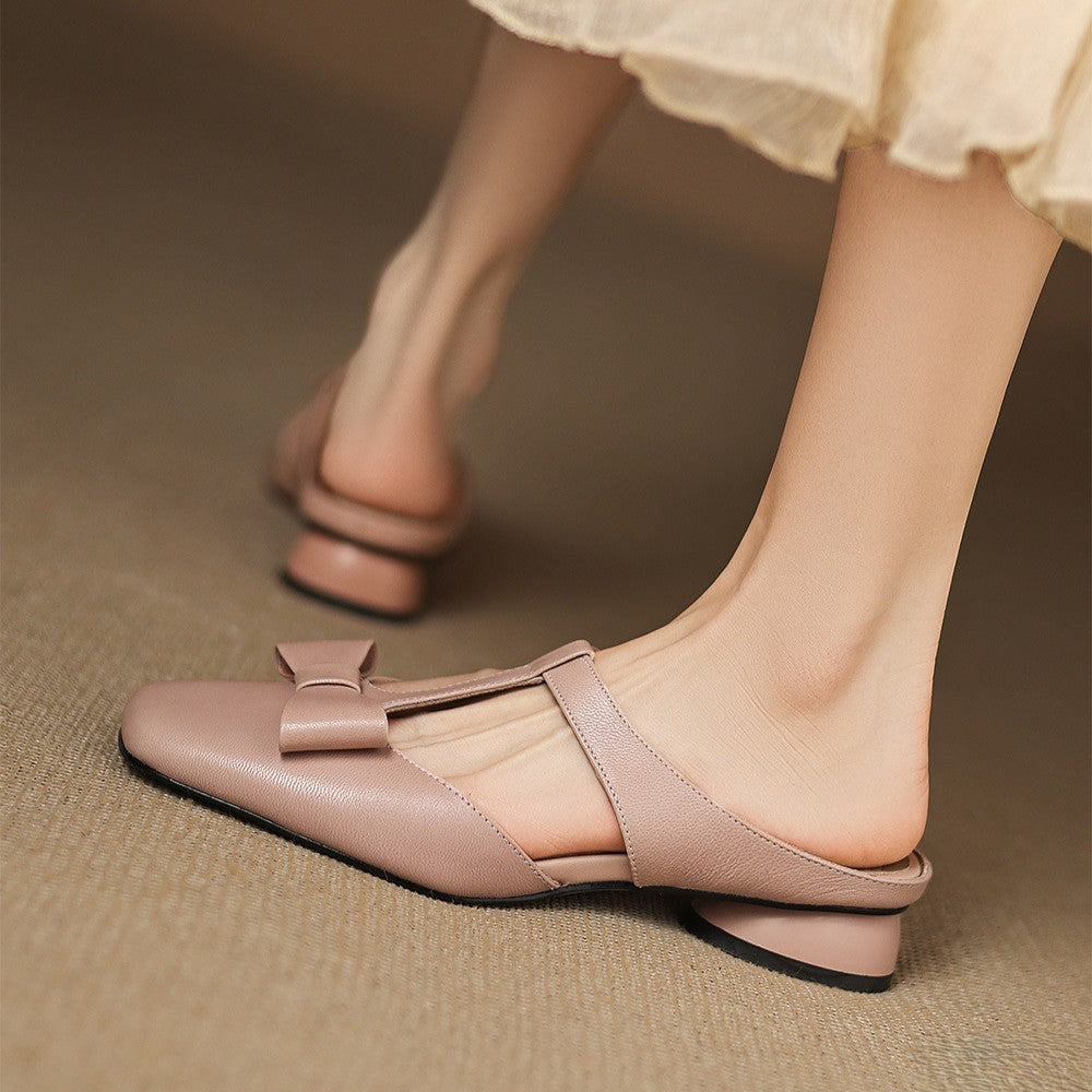 Mist Sage lambskin heeled mule, side view of low heel