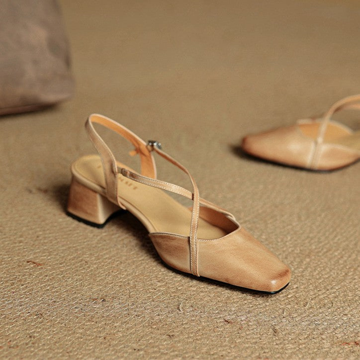 Women's square-toe leather slingback heels shown as a pair