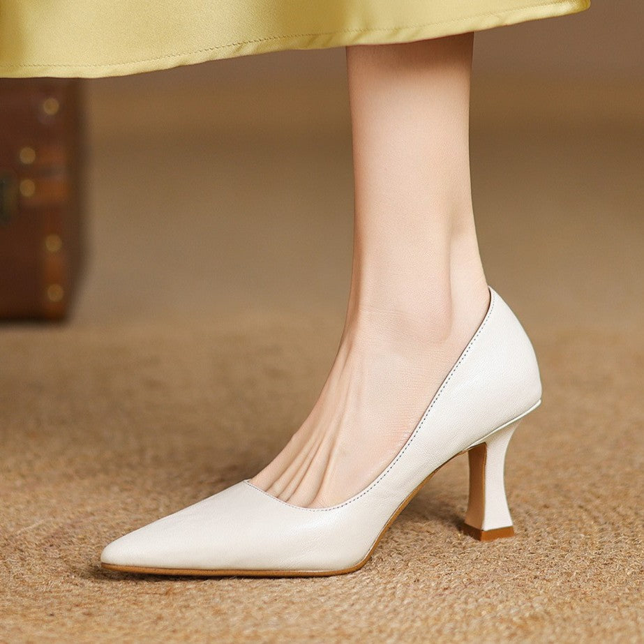 Close-up of heel on Bernice lambskin pumps