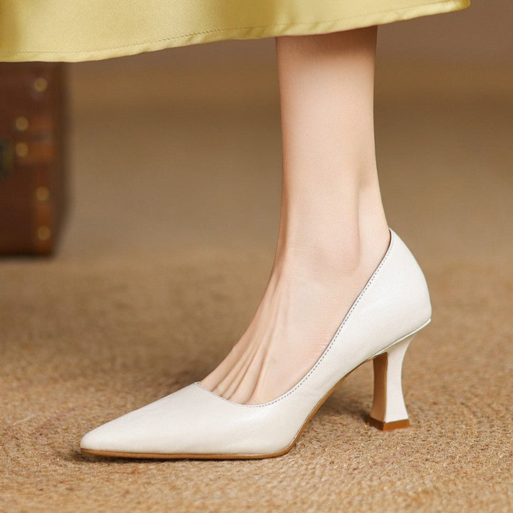 Close-up of heel on Bernice lambskin pumps