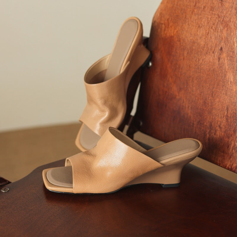 Sand Camel Gloria mules photographed from above