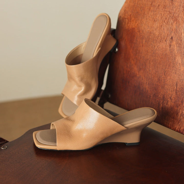 Sand Camel Gloria mules photographed from above