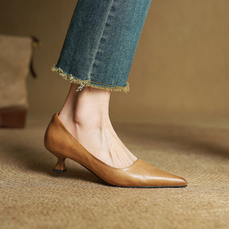Leather kitten heel pump, back view showing the 1.75-inch heel