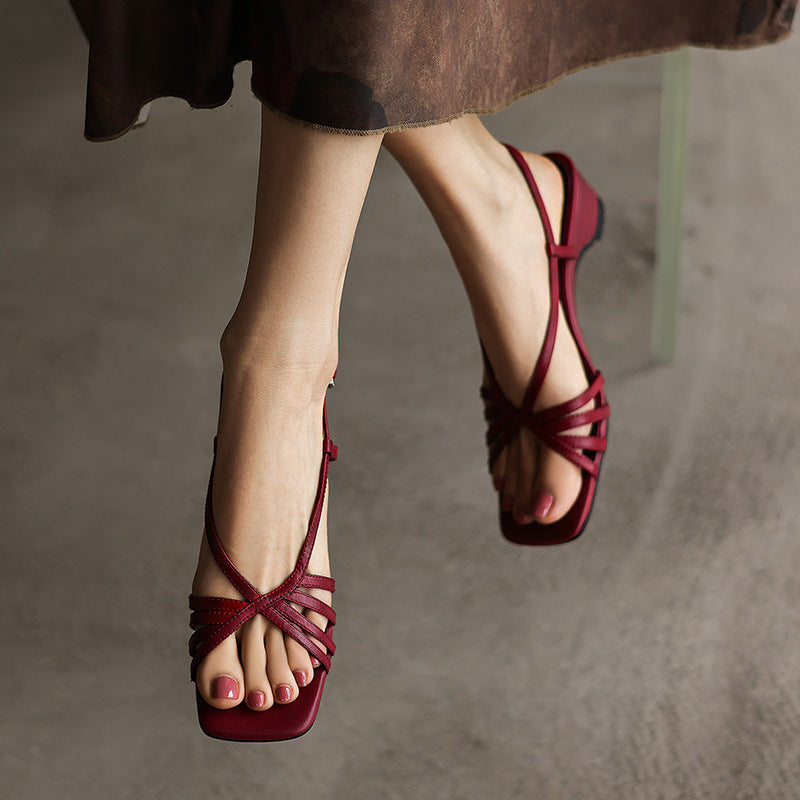 Sandra | Strappy Square-Toe Leather Sandal Heels