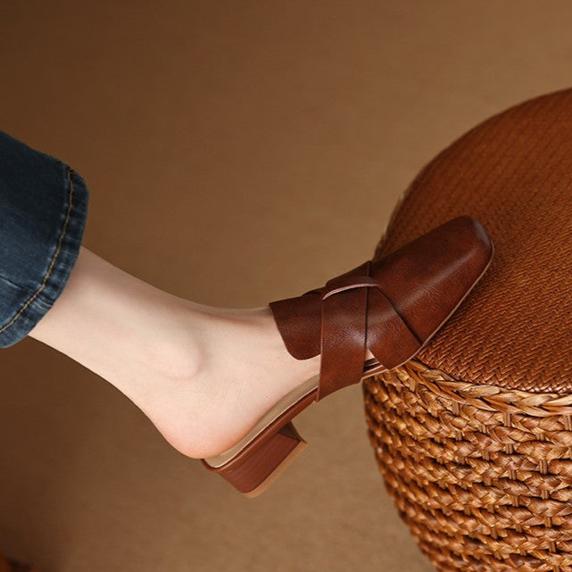 Cross-strap leather mule, back view showing the 1.2-inch block heel