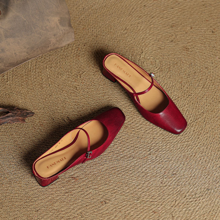 Square-toe leather mule, angled block-heel view