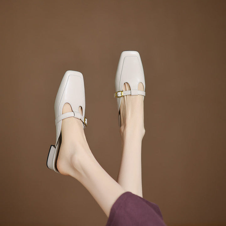 Edith mules, front view in Ivory Sand