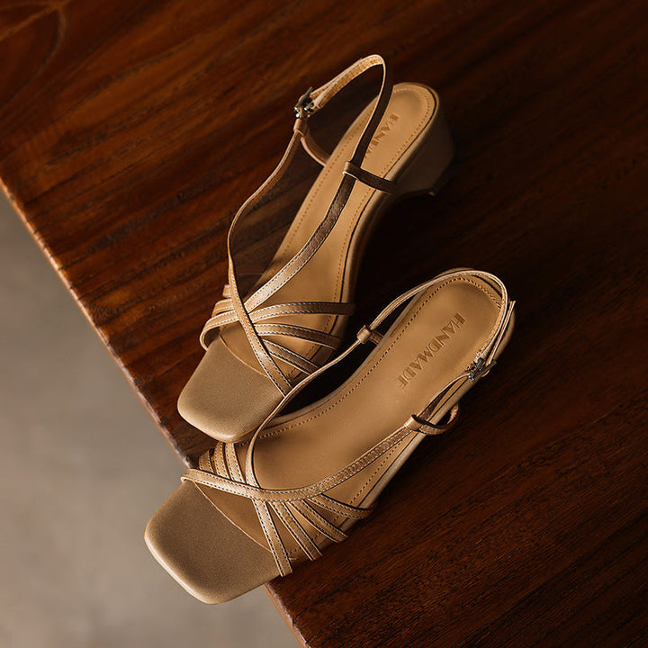 Sandra | Strappy Square-Toe Leather Sandal Heels