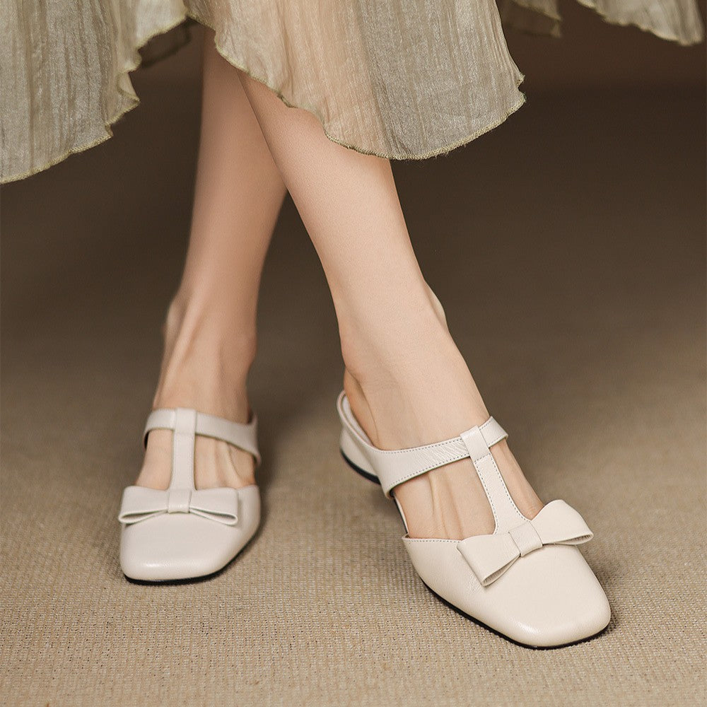 Penelope bow T-bar leather heeled mules, all three colors