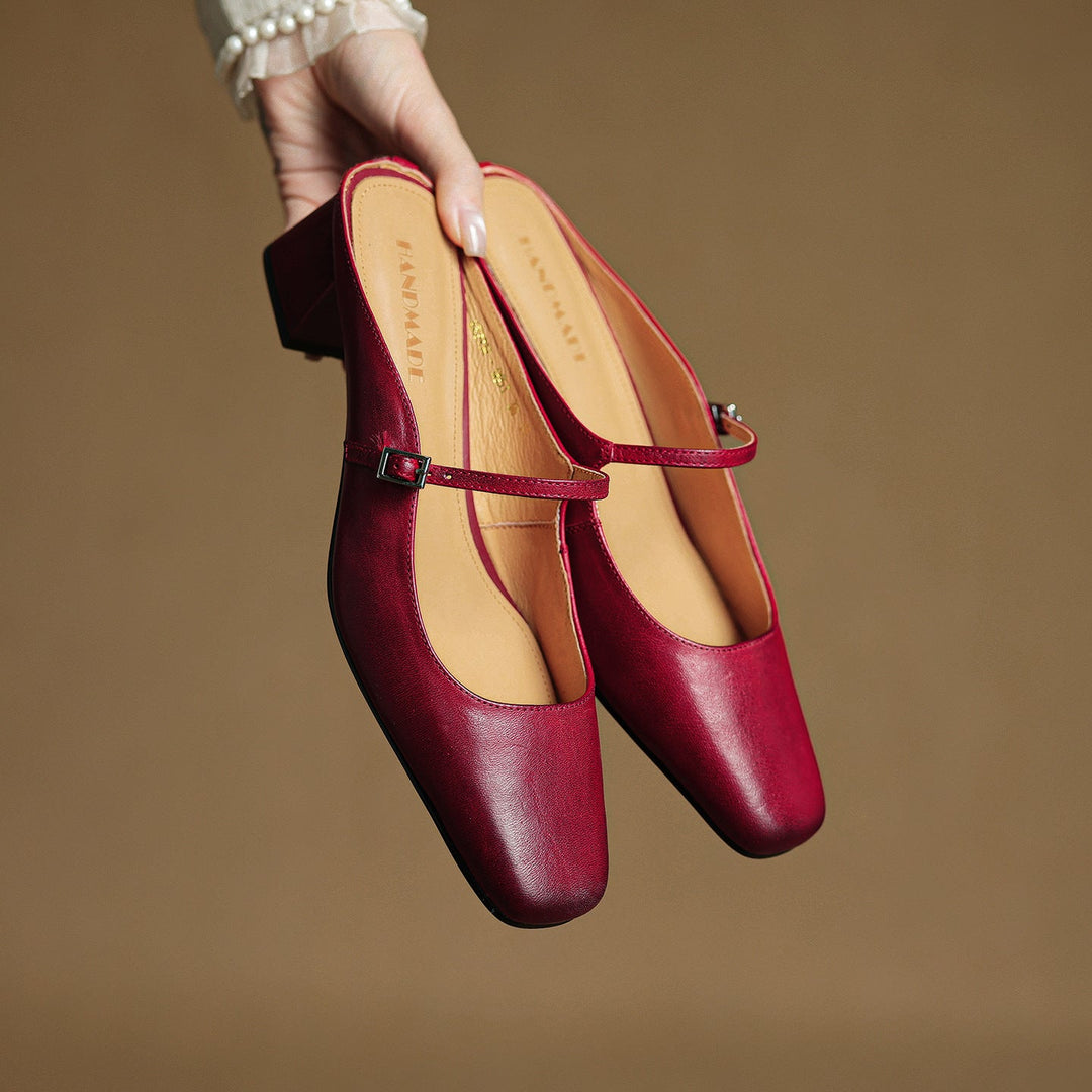 Square-toe leather mule, back view showing the 1.75-inch block heel