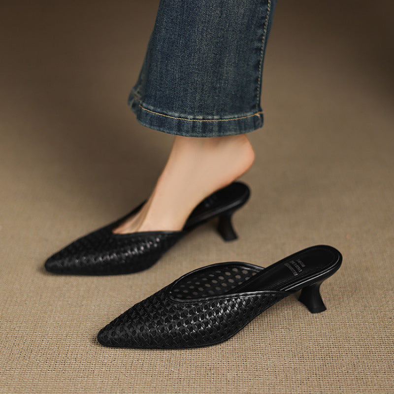 Woven leather mule, angled heel view
