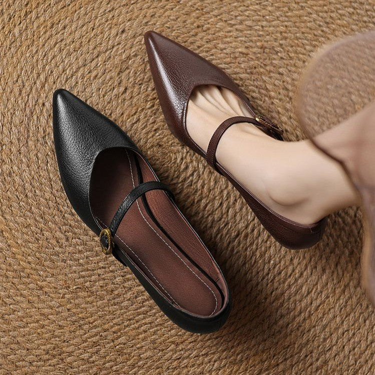 Pointed Mary-Jane kitten heels, top view of Espresso Brown pair