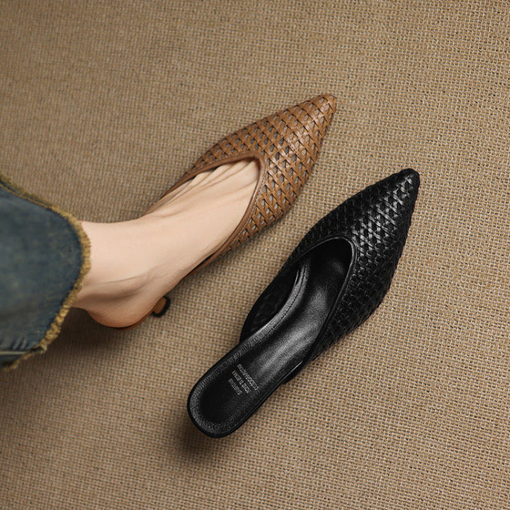 Woven leather mule, back view showing the 2-inch heel