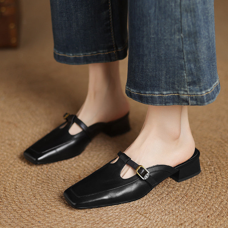 Edith | Square-Toe T-Strap Leather Mules
