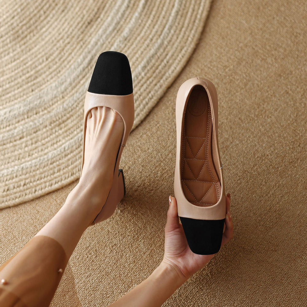 Soft Almond lambskin block pump with suede contrast cap, three-quarter view