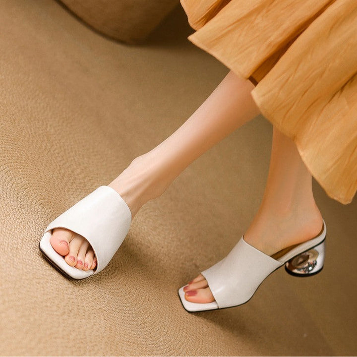Camilla mules, close-up of square open toe