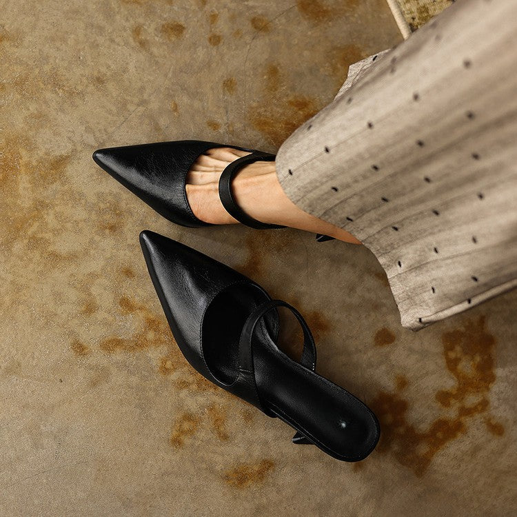 Bare Almond leather heeled mule, side view of sculpted heel