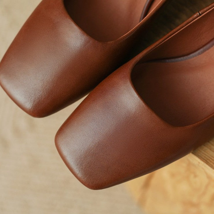 Top-down view of a square-toe leather low pump