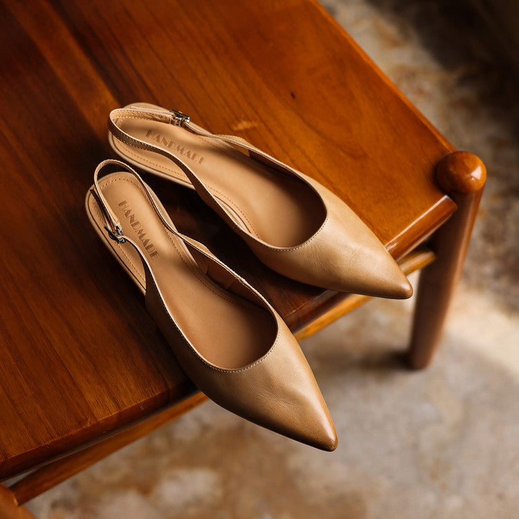 Leather slingback heels styled with a wrap dress