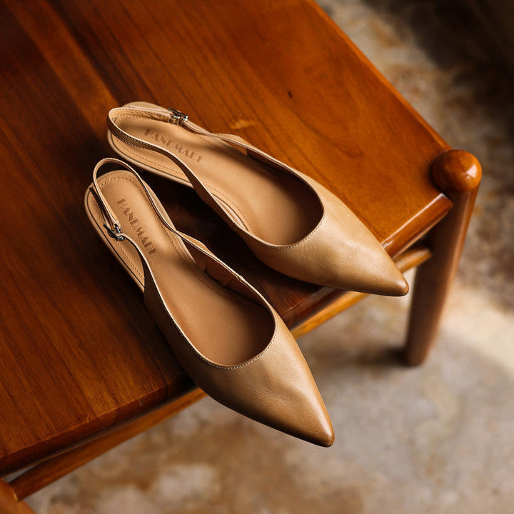 Leather slingback heels styled with a wrap dress