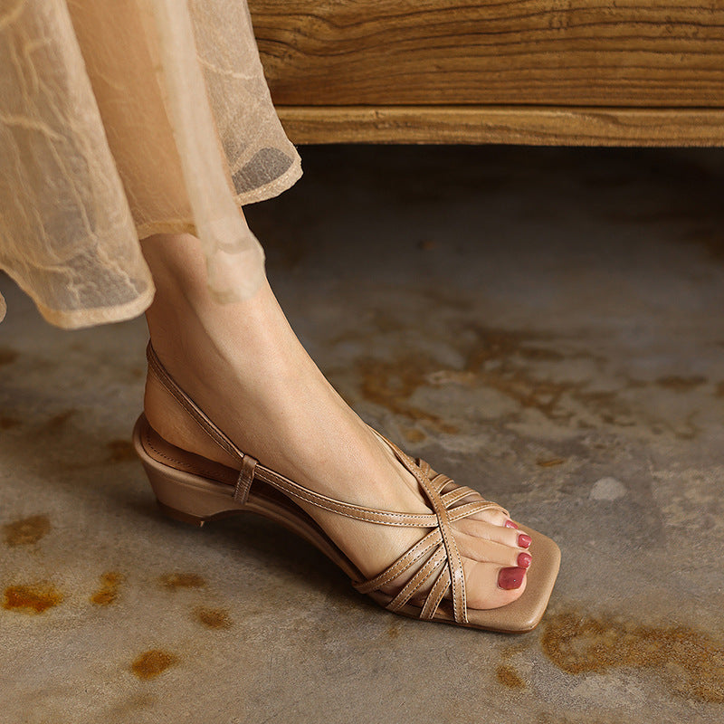 Sandra | Strappy Square-Toe Leather Sandal Heels
