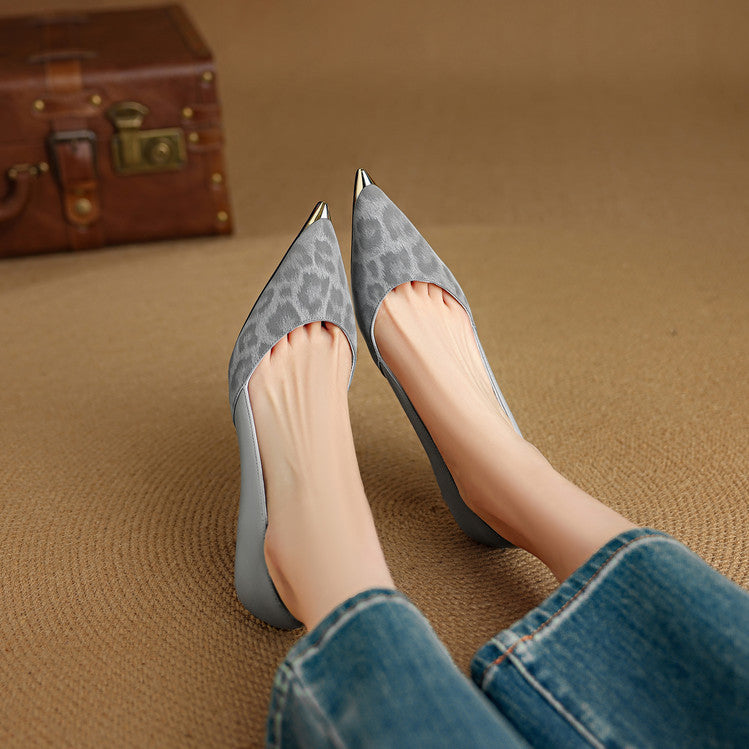 Vanessa heels, close-up of leopard-textured suede toe